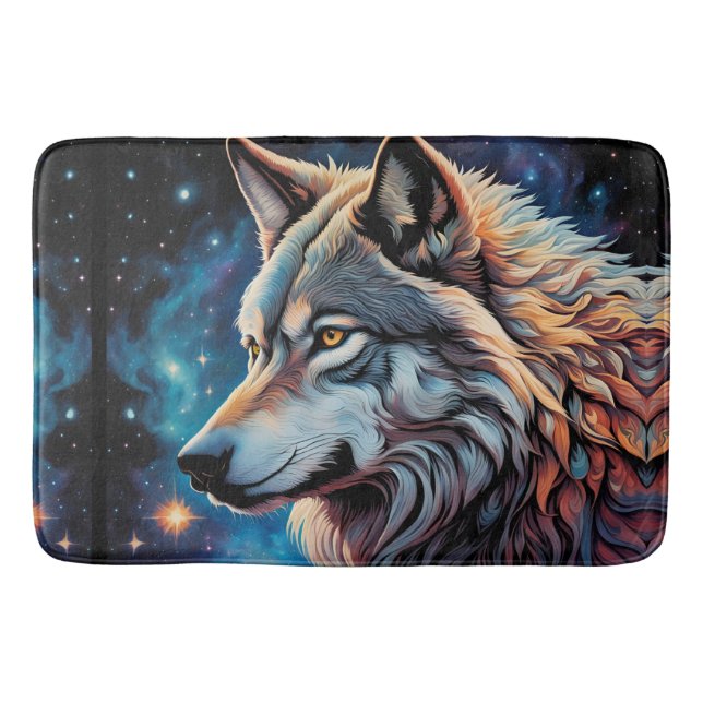 Grey Wolf Starry Night Portrait Bath Mat (Front)