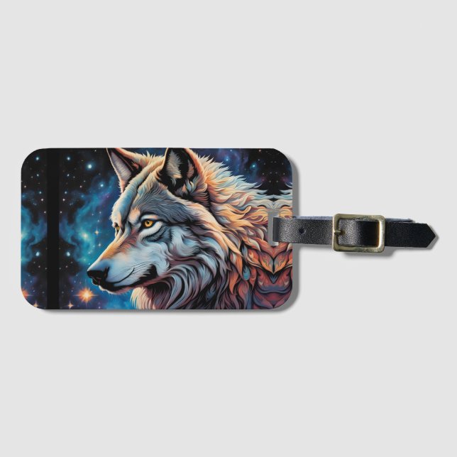 Grey Wolf Starry Night Portrait Luggage Tag (Front Horizontal)