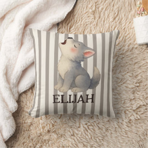 Grey wolf stripes baby gifts personalised name cushion