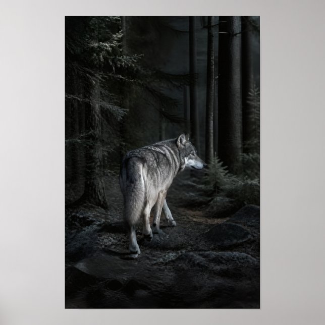 Grey Wolf Walking Through Dark Forest Wildlife Wal Poster (Front)