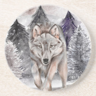 Grey Wolf Watercolor Winter Forest Stone Coaster