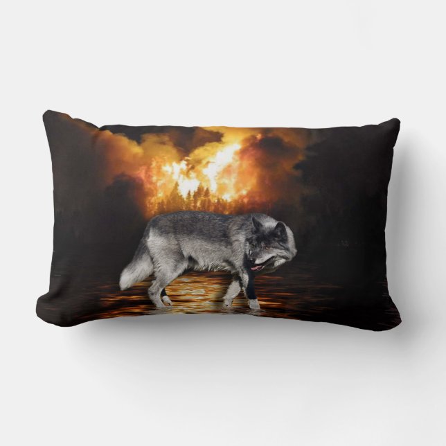 Grey Wolf Wildlife and Forest Fire Survivor Lumbar Cushion (Front)