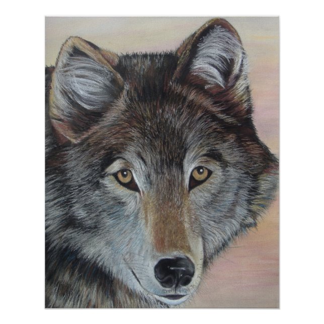grey wolf wildlife painting realist portrait art poster (Front)