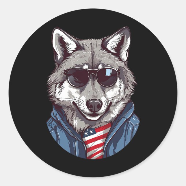 Grey Wolf With Patriotic Usa Flag American Indepen Classic Round Sticker (Front)