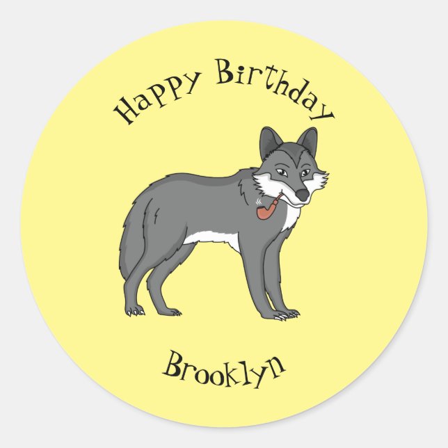 Grey wolf with pipe cartoon illustration classic round sticker (Front)