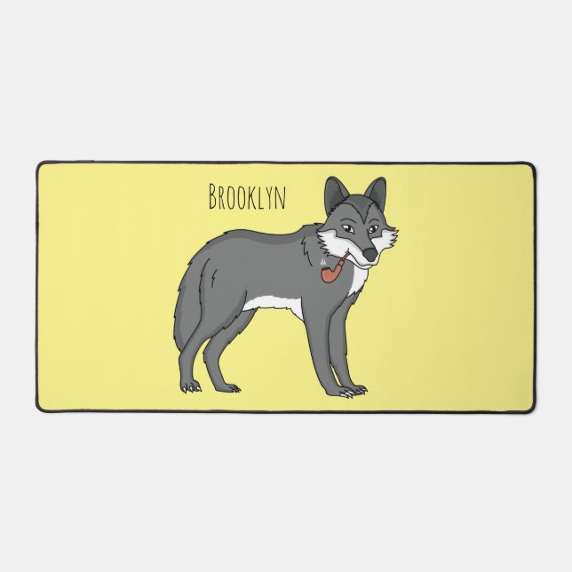 Grey wolf with pipe cartoon illustration desk mat (Front)
