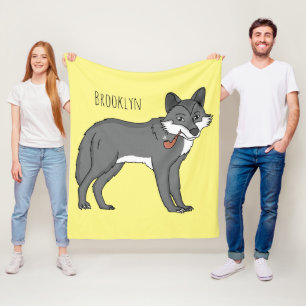 Grey wolf with pipe cartoon illustration fleece blanket