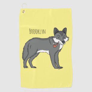 Grey wolf with pipe cartoon illustration golf towel