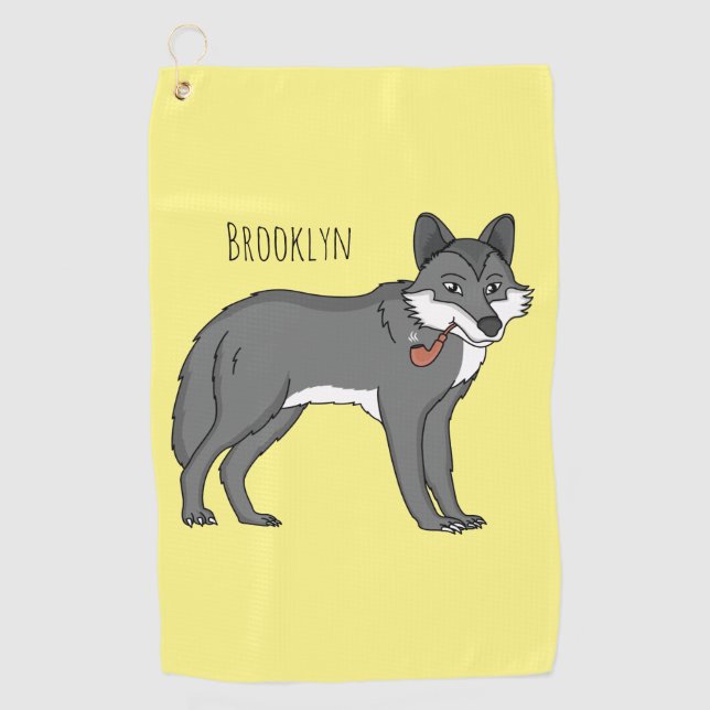 Grey wolf with pipe cartoon illustration golf towel (Front)