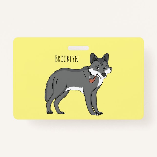 Grey wolf with pipe cartoon illustration ID badge (Front)