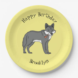 Grey wolf with pipe cartoon illustration paper plate