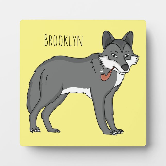 Grey wolf with pipe cartoon illustration plaque (Front)