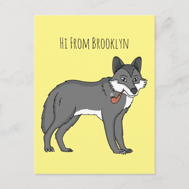 Grey wolf with pipe cartoon illustration postcard (Front)