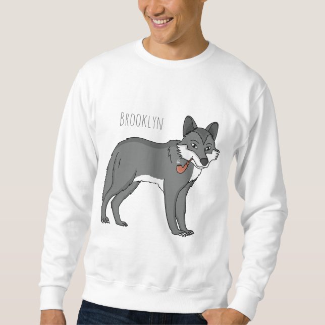 Grey wolf with pipe cartoon illustration sweatshirt (Front)