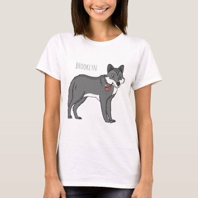 Grey wolf with pipe cartoon illustration T-Shirt (Front)