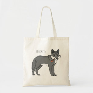 Grey wolf with pipe cartoon illustration tote bag