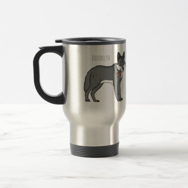 Grey wolf with pipe cartoon illustration travel mug (Left)