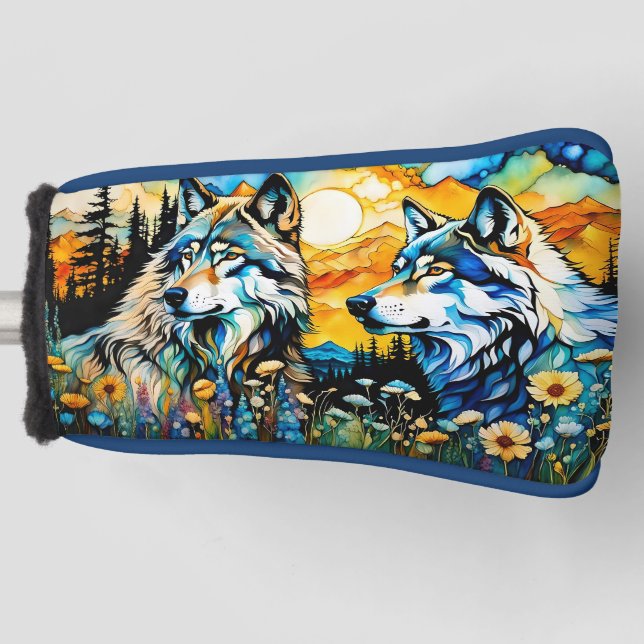 Grey wolves and Wildflowers Golf Head Cover (Front)