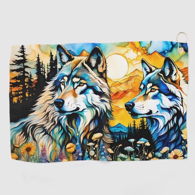 Grey wolves and Wildflowers Golf Towel (Horizontal)