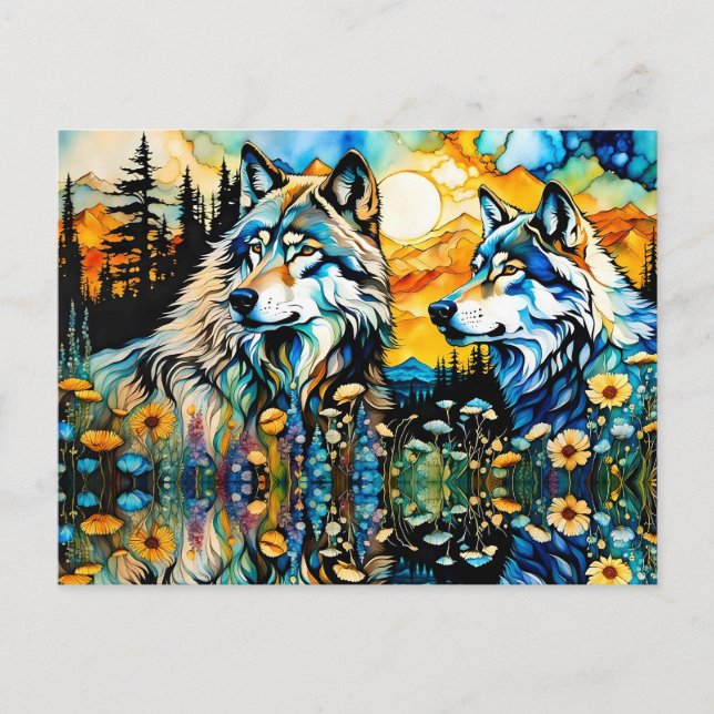 Grey wolves and Wildflowers Postcard (Front)