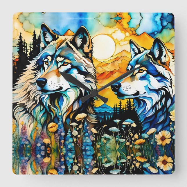 Grey wolves and Wildflowers Square Wall Clock (Front)