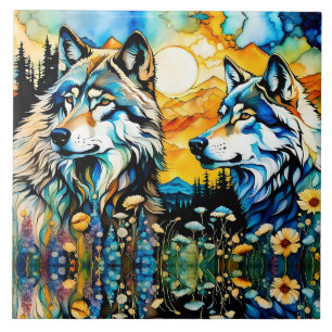 Grey wolves and Wildflowers Tile
