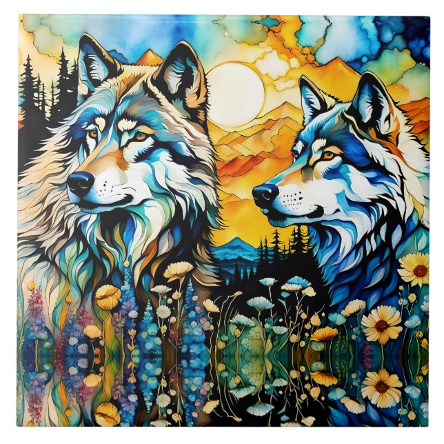 Grey wolves and Wildflowers Tile (Front)