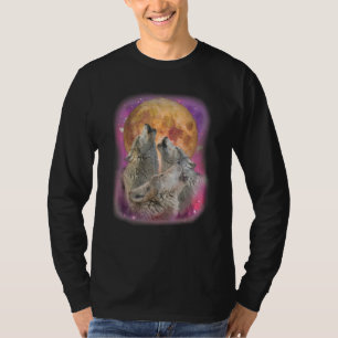 Grey Wolves Howling At The Moon Galaxy Sky Wolf T-Shirt