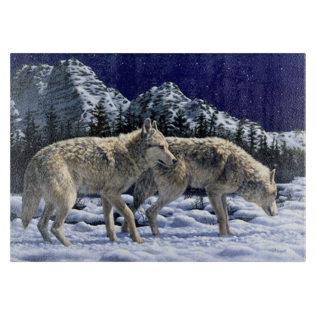 Grey Wolves in Snowy Winter Mountains Cutting Board (Front)