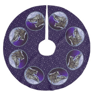 Grey Wolves in Winter Snow at Night Brushed Polyester Tree Skirt