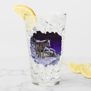 Grey Wolves in Winter Snow at Night Glass
