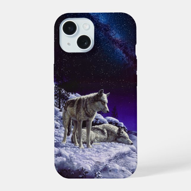 Grey Wolves in Winter Snow at Night iPhone 15 Case (Back)