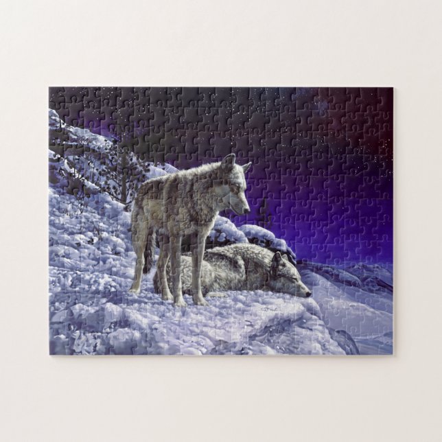 Grey Wolves in Winter Snow at Night Jigsaw Puzzle (Horizontal)