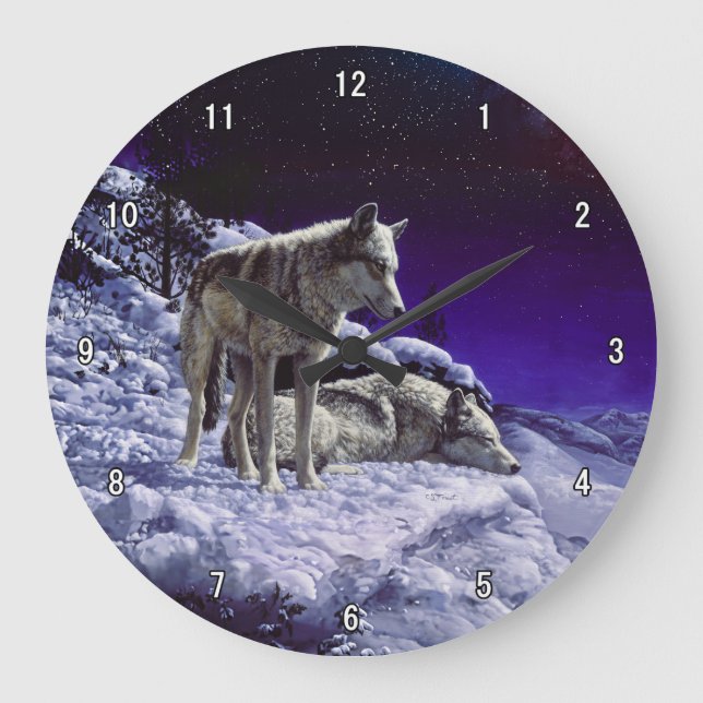 Grey Wolves in Winter Snow at Night Large Clock (Front)