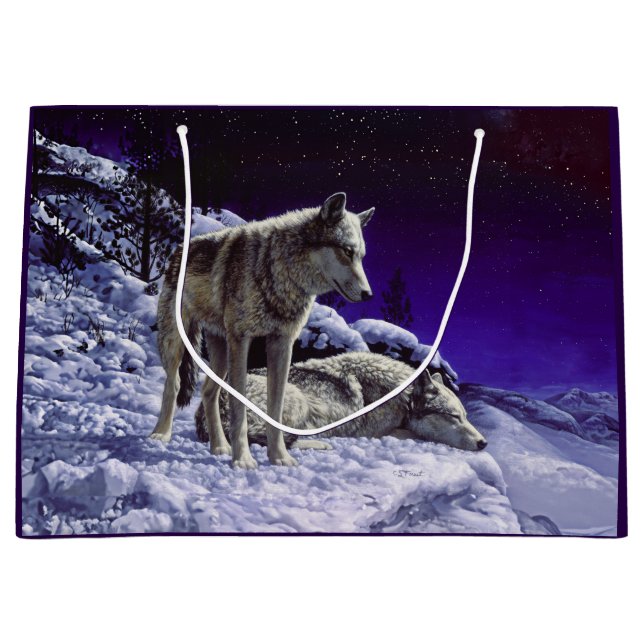 Grey Wolves in Winter Snow at Night Large Gift Bag (Front)