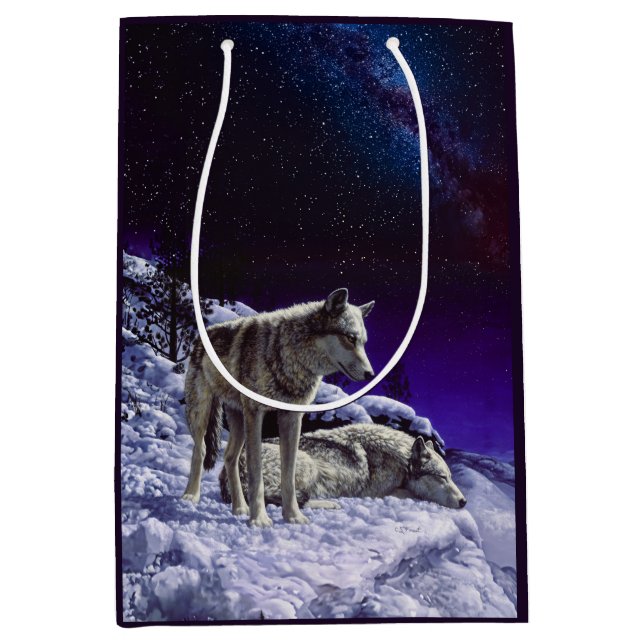 Grey Wolves in Winter Snow at Night Medium Gift Bag (Front)