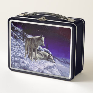 Grey Wolves in Winter Snow at Night Metal Lunch Box
