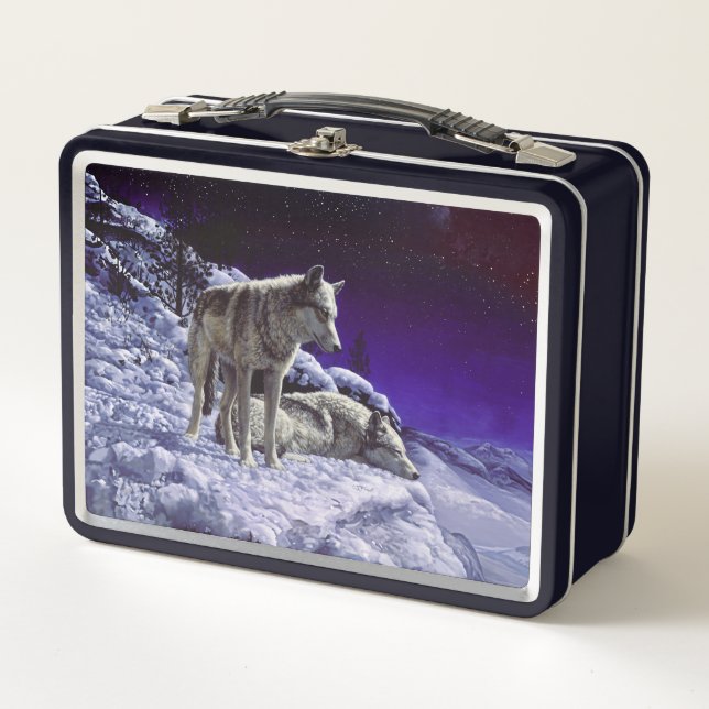 Grey Wolves in Winter Snow at Night Metal Lunch Box (Front)