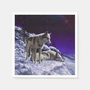 Grey Wolves in Winter Snow at Night Napkin