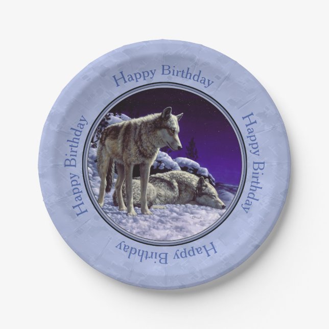 Grey Wolves in Winter Snow at Night Paper Plate (Front)