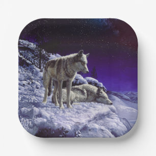 Grey Wolves in Winter Snow at Night Paper Plate