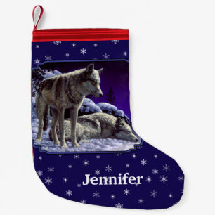 Grey Wolves in Winter Snow at Night Small Christmas Stocking