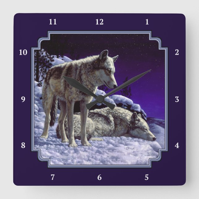 Grey Wolves in Winter Snow at Night Square Wall Clock (Front)