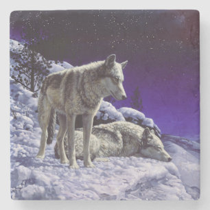 Grey Wolves in Winter Snow at Night Stone Coaster