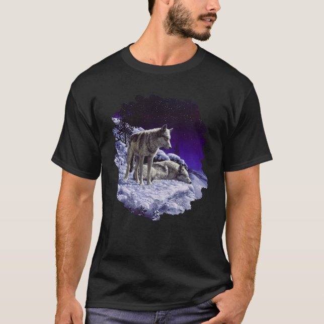 Grey Wolves in Winter Snow at Night T-Shirt (Front)