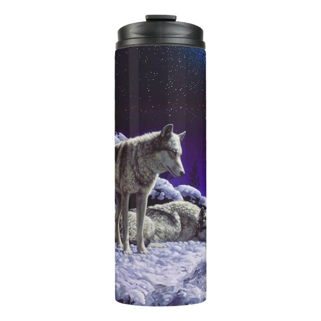 Grey Wolves in Winter Snow at Night Thermal Tumbler (Front)