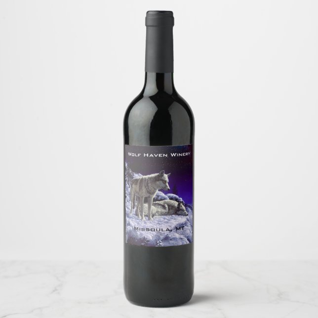 Grey Wolves in Winter Snow at Night Wine Label (Front)