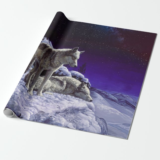 Grey Wolves in Winter Snow at Night Wrapping Paper (Unrolled)