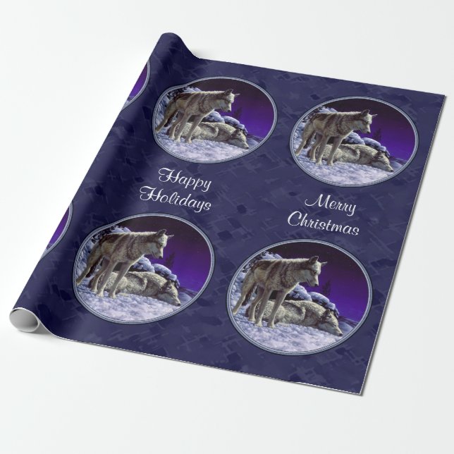 Grey Wolves in Winter Snow at Night Wrapping Paper (Unrolled)