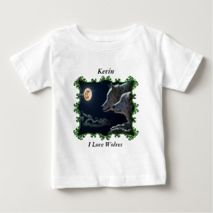 Grey wolves looking into the full moon baby T-Shirt